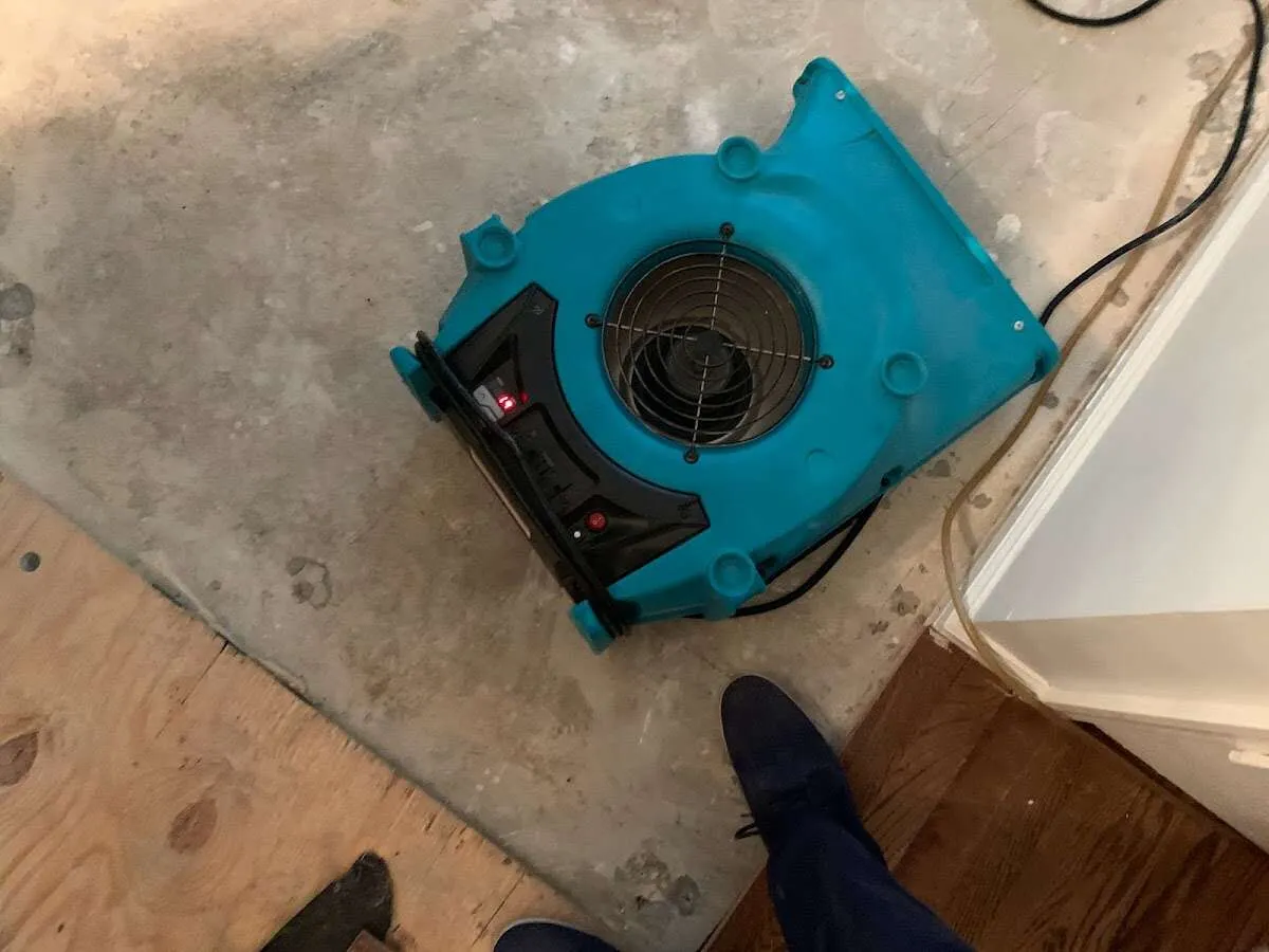 Air mover drying subfloor during Leak Detection & Repair in Kosciusko